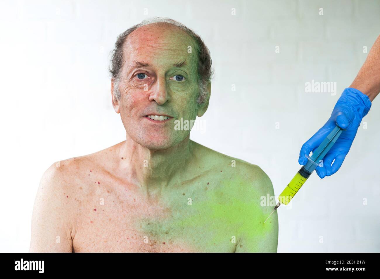 Everywhere in the world - December 2020: Covid humour. Representation of the fear of being vaccinated. Selfportrait of the photographer. Stock Photo