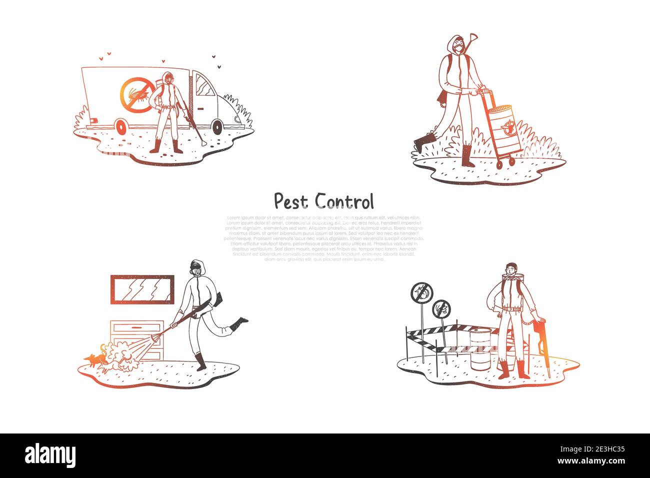 Pest control special workers in uniform with equipment taking control