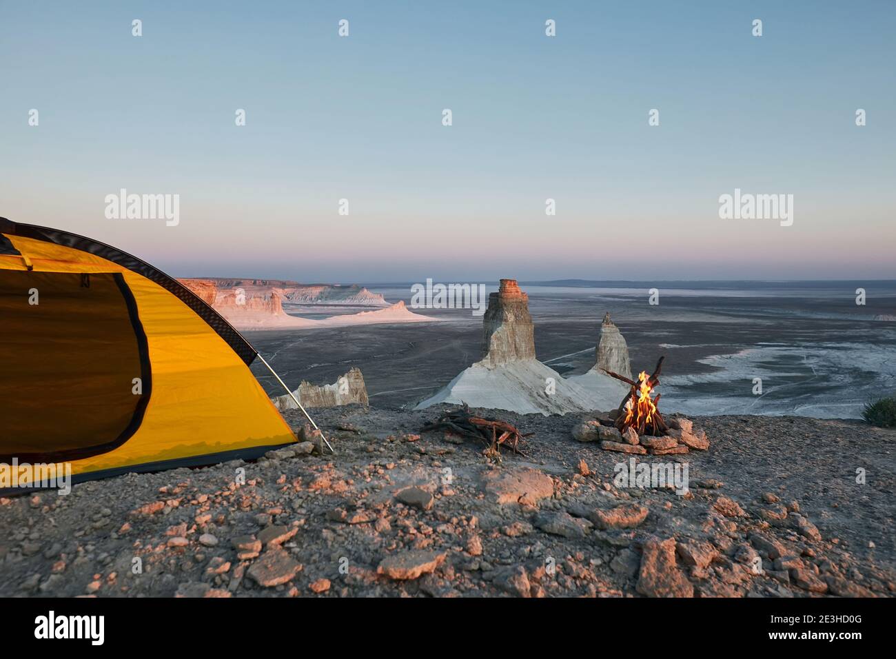 Camping with fire at Ustyurt Plateau. Mangistau, Kazakhstan. Stock Photo