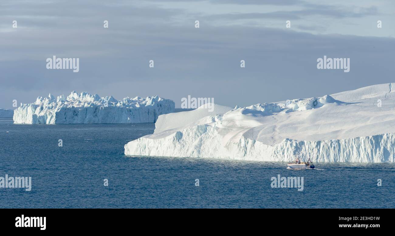 Fisherman fishing in the fjord. Winter at the Ilulissat Icefjord ...