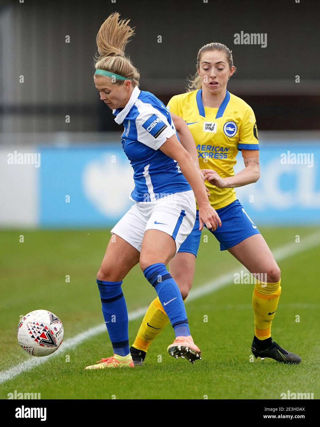 Birmingham City's Ruesha Littlejohn (left) and Brighton and Hove Albion's Megan Connolly battle for the ball during the FA Women's Super League match at SportNation.bet Stadium, Birmingham. Stock Photo
