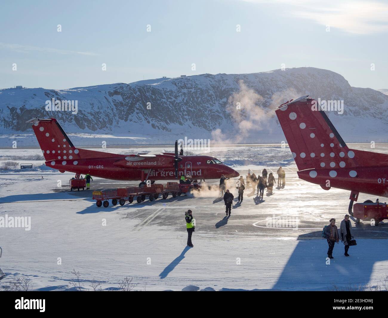 Kangerlussuaq airport during winter, the hub for all flights in Greenland. America, North America, Greenland Stock Photo