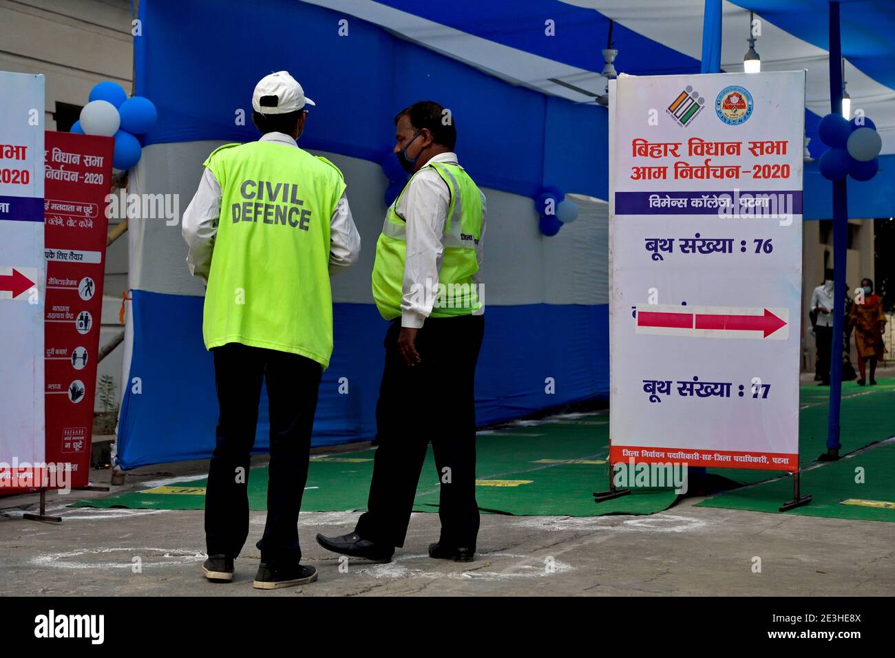 Covid frontline workers on an election polling booth in Bihar. Stock Photo