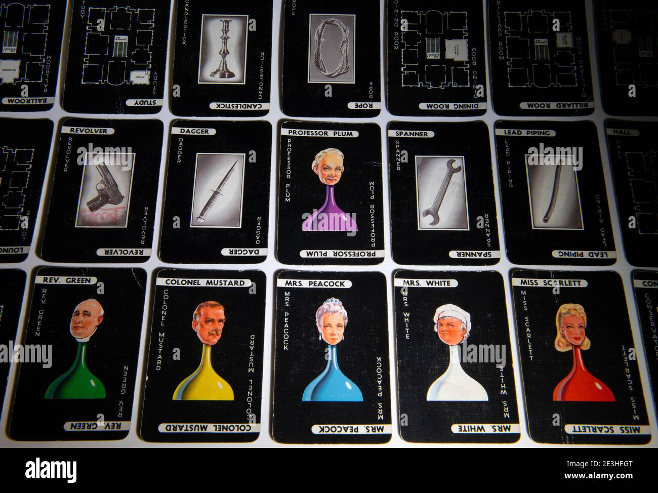 Complete set of Cluedo detective game cards from a 1949 version of the board game Stock Photo