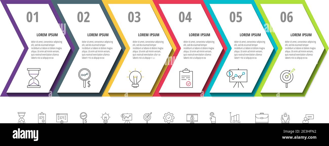 Infographics arrows with six steps, icons. Vector template. Can be used ...
