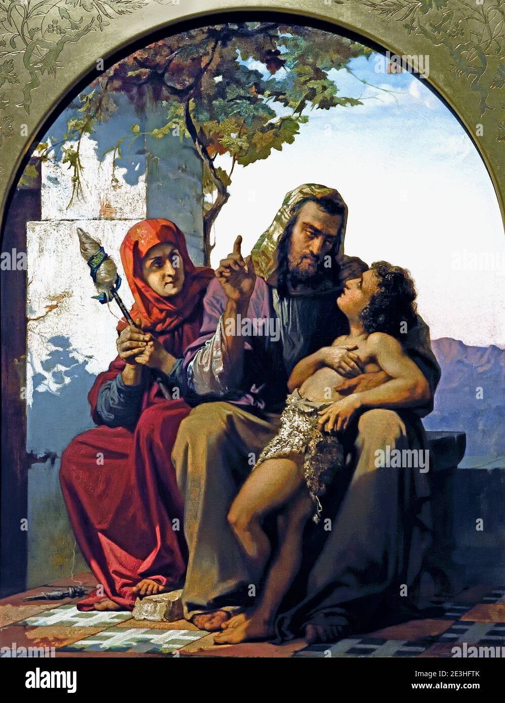Henri Lehmann 1814-1892 The Education of Tobias 1858 German, Germany, ( The exchange between the blind man and his son is arresting. The scene takes place in front of Tobias’s mother, the quiet and kindly Anna, who is holding a distaff. ) Stock Photo