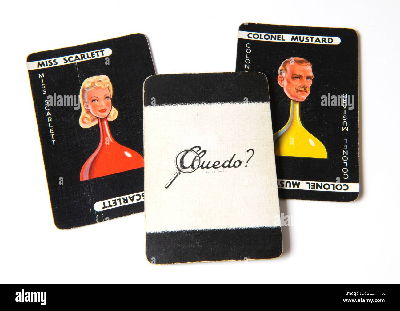 Set of Cluedo detective game cards from a 1949 version of the board game on a white background Stock Photo
