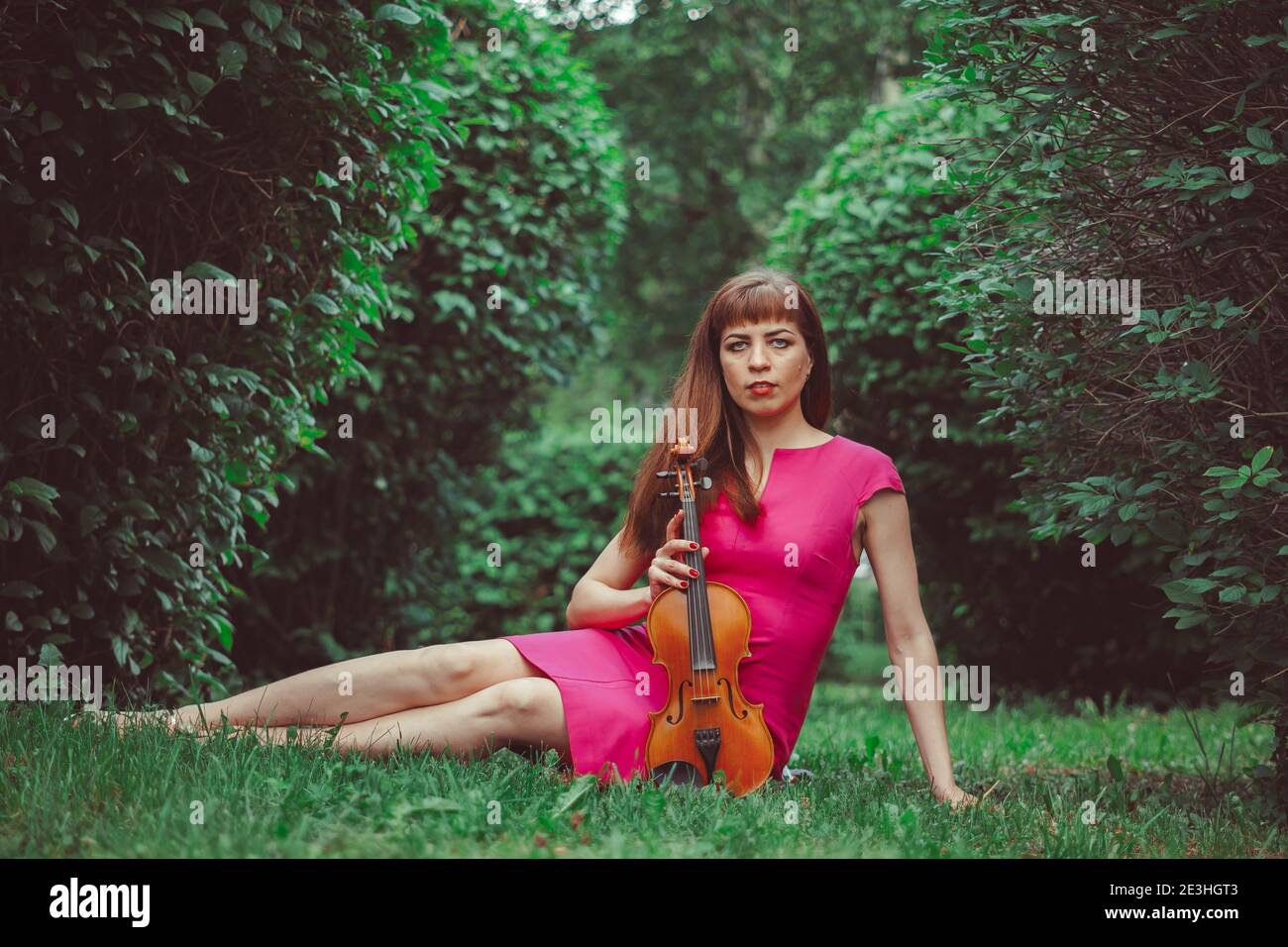 Attractive woman playing the violin in the forest Stock Photo - Alamy