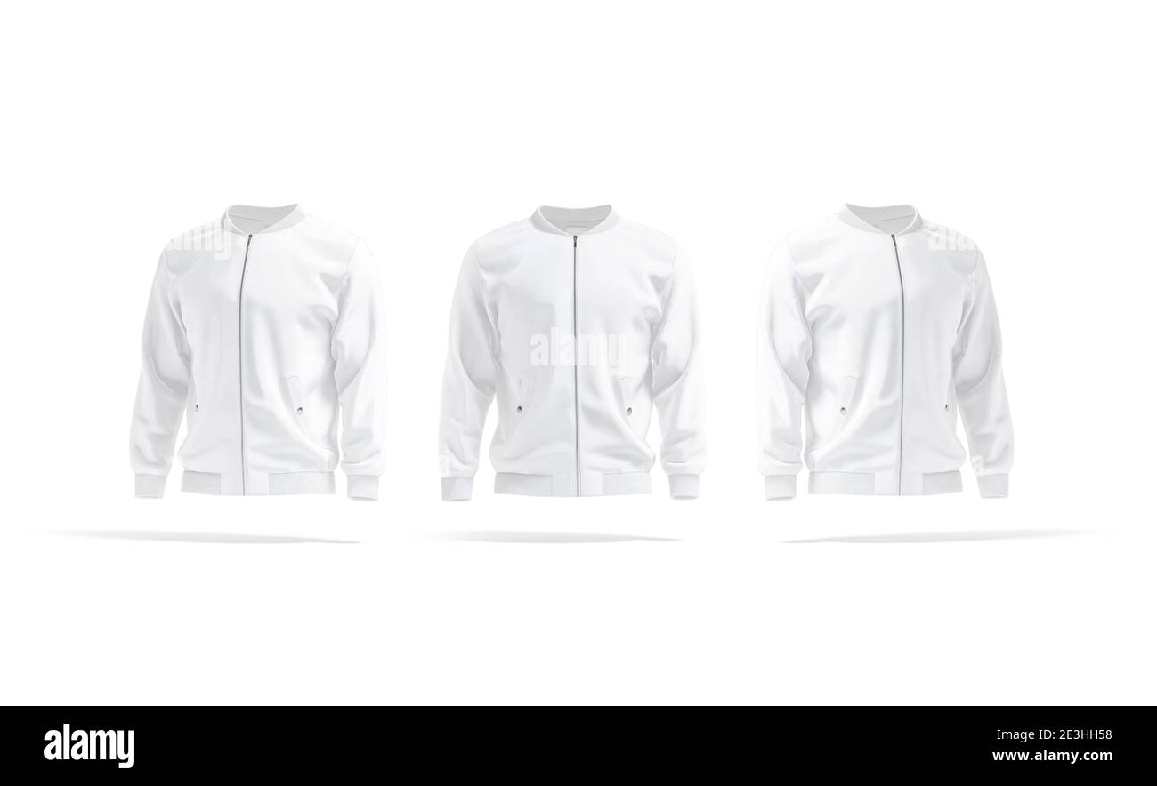 Blank white bomber jacket mockup, front and side view, 3d rendering