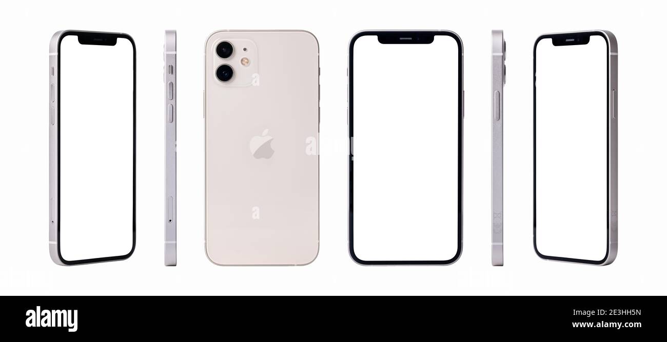 Antalya, Turkey - January 02, 2021: Newly released iphone 12 white color mockup set with different angles Stock Photo