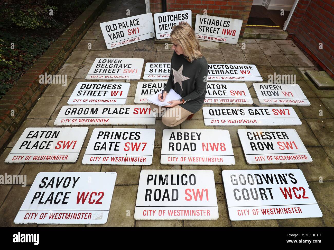 Catherine Southon lists some of 260 London street signs before before they go up for an online auction next month at Catherine Southon Auctioneers and Valuers in Chislehurst, south east London. Picture date: Tuesday January 19, 2021. Stock Photo