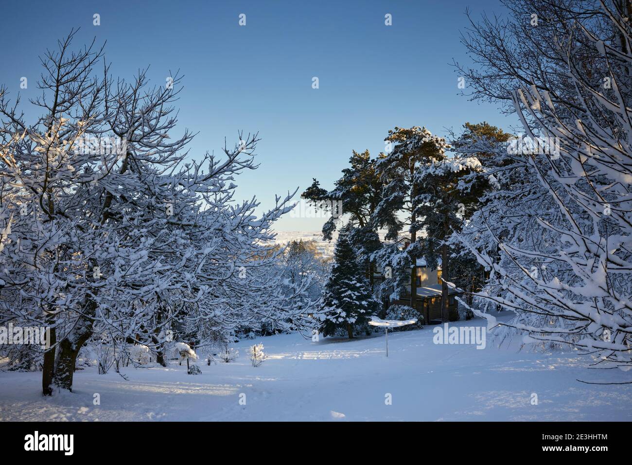 With bright morning winter sunshine, heavy snowfall covers the moorland smallholding garden Stock Photo