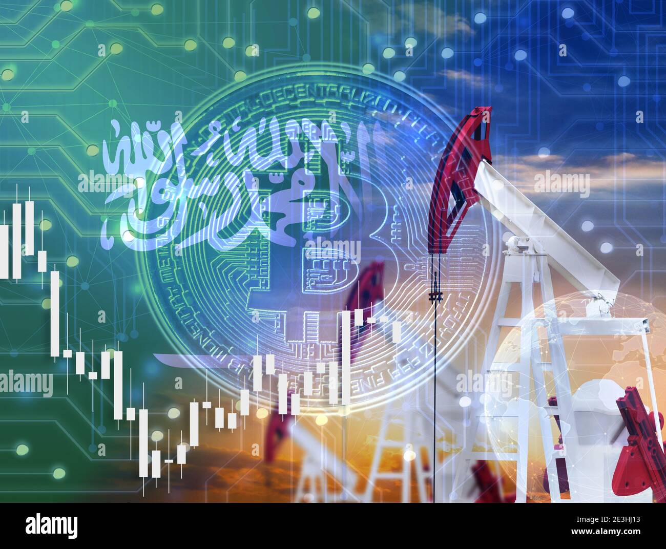 hologram with bitcoin cryptocurrency and graph on the background of the flag  of Saudi Arabia Stock Photo - Alamy