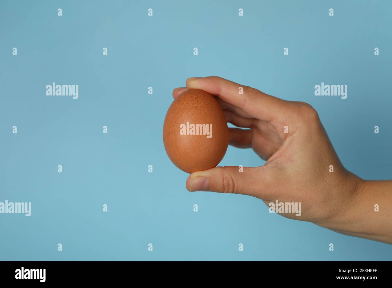 Female hand hold boiled egg on blue background Stock Photo