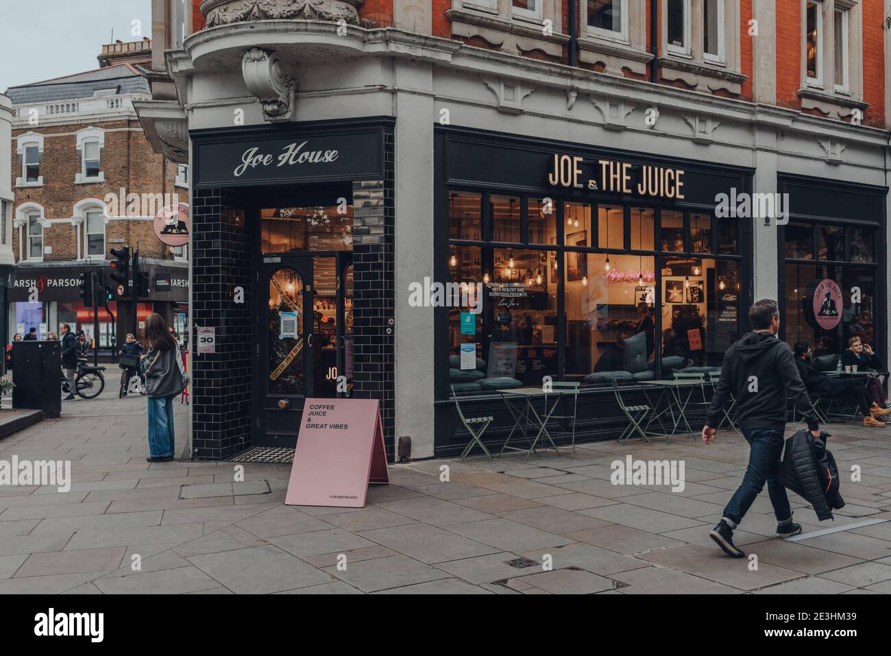 London, UK October 10, 2020 Exterior of Joe and The Juice cafe in