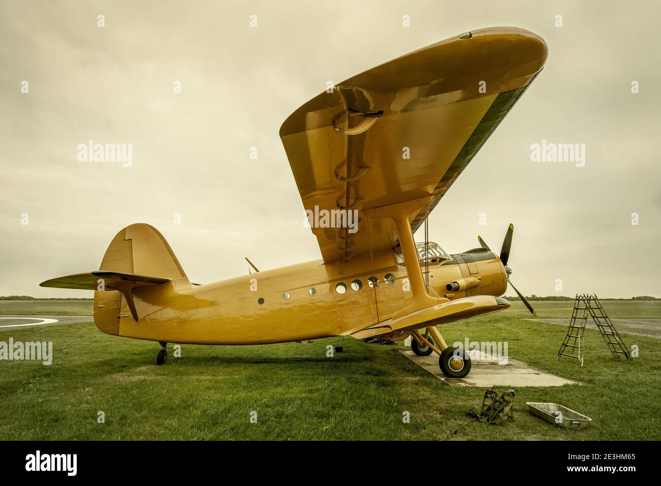 historical aircraft gets service on a meadow Stock Photo