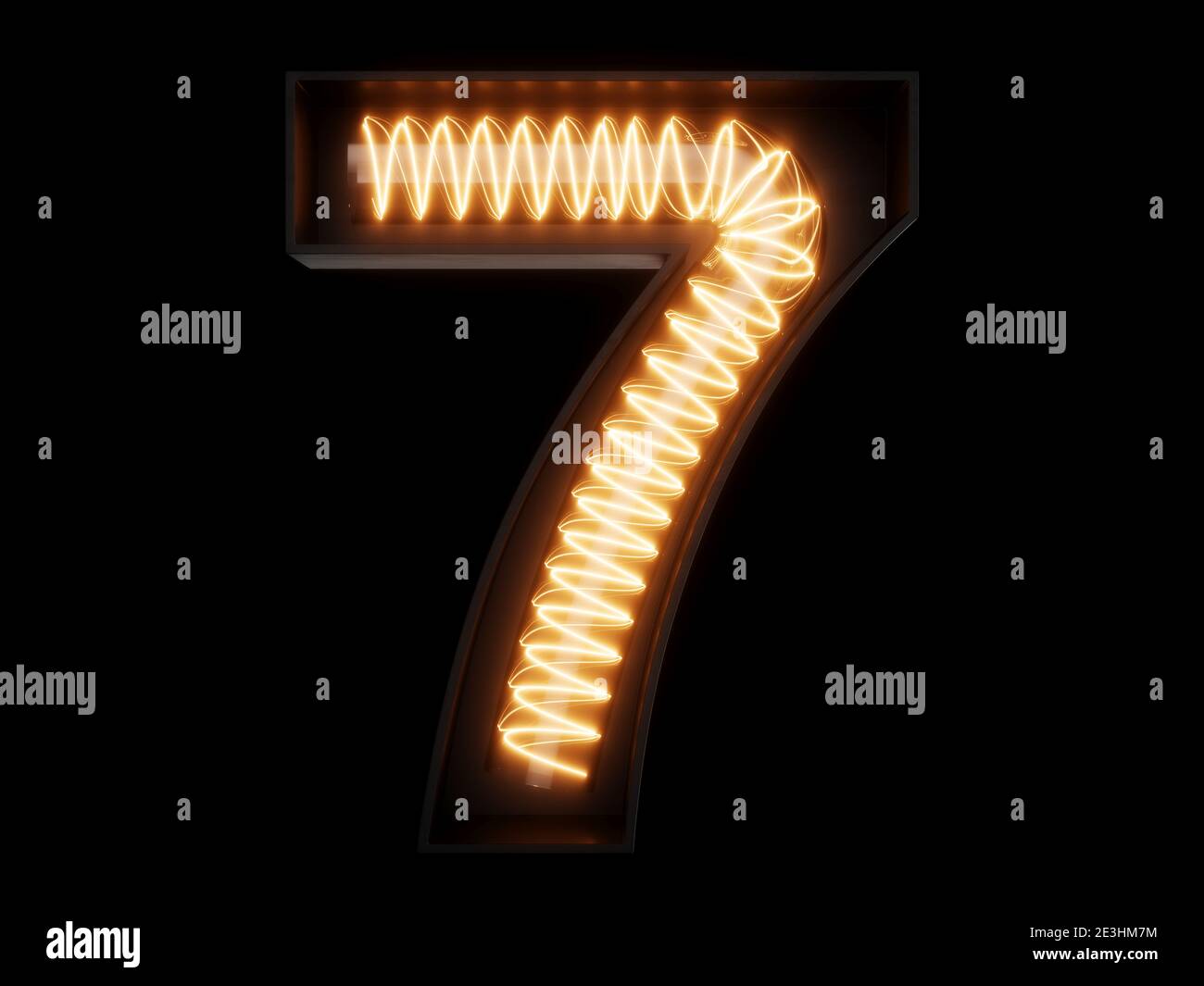 Light bulb spiral glowing digit alphabet character 7 seven font. Front view illuminated number 7 symbol on black background. 3d rendering illustration Stock Photo