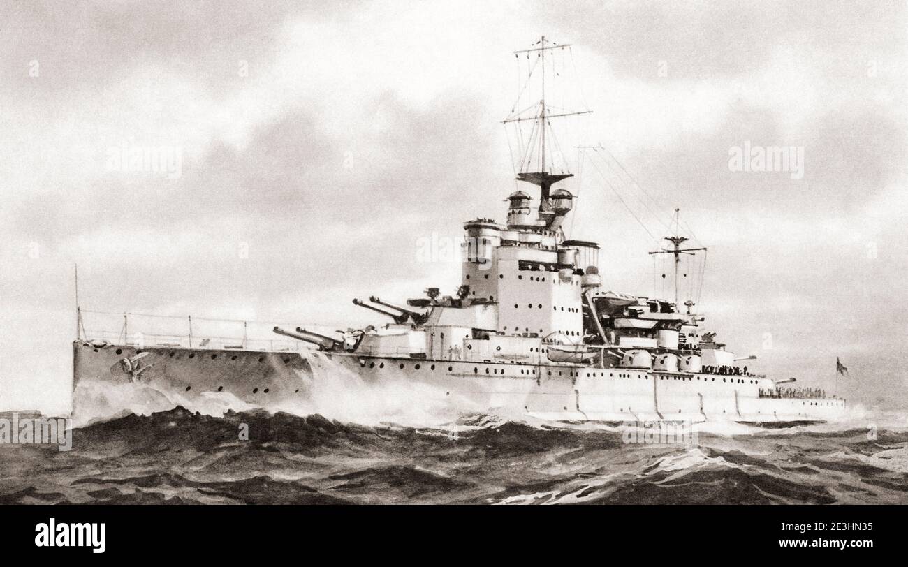 HMS Queen Elizabeth (1913).  Seen here after her modernization, this bow view shows her secondary battery of dual purpose guns in turrets.  From British Warships, published 1940. Stock Photo