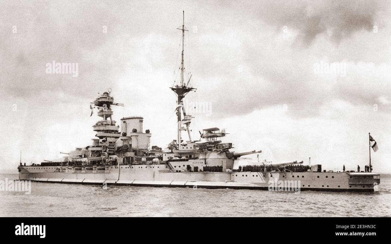 HMS Barham, flagship of the fifth battle squadron at Jutland. From British Warships, published 1940. Stock Photo