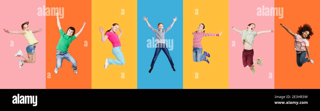 Collage With Excited Diverse Children Jump Over Different Bright Backgrounds Stock Photo