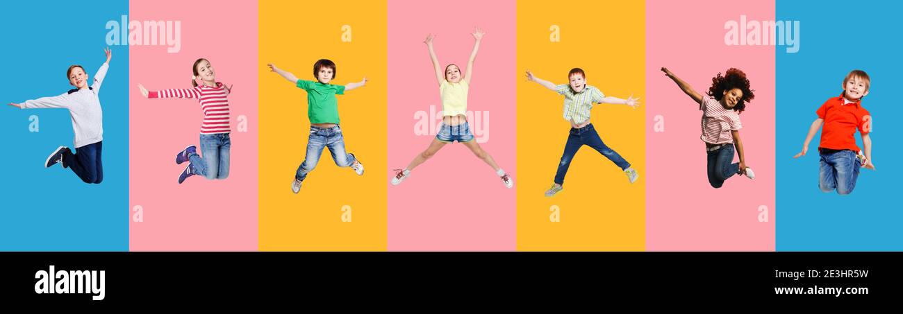 Collage With Joyful Kids Jumping Having Fun On Colorful Backgrounds Stock Photo