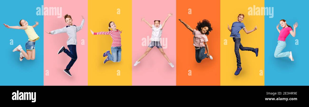 Happy Multiracial Children Jumping On Different Colored Backgrounds, Collage, Panorama Stock Photo