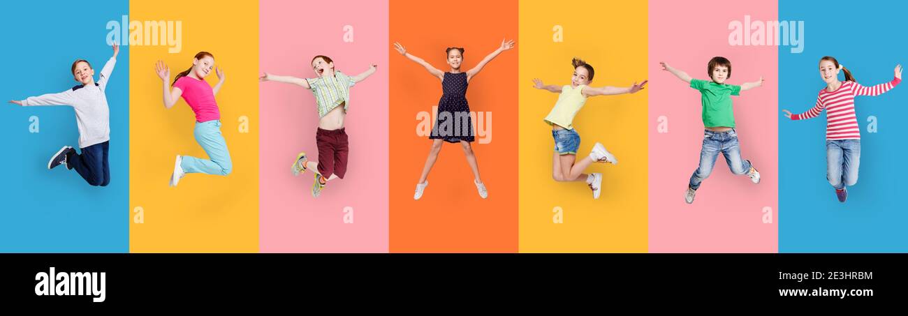 Carefree Children Jumping Posing Together On Colorful Studio Backgrounds, Collage Stock Photo