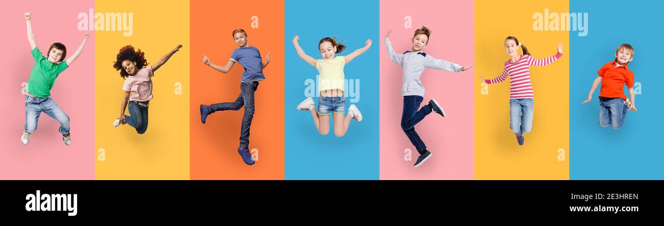 Happy Diverse Kids Jumping Posing Over Different Colorful Backgrounds, Collage Stock Photo