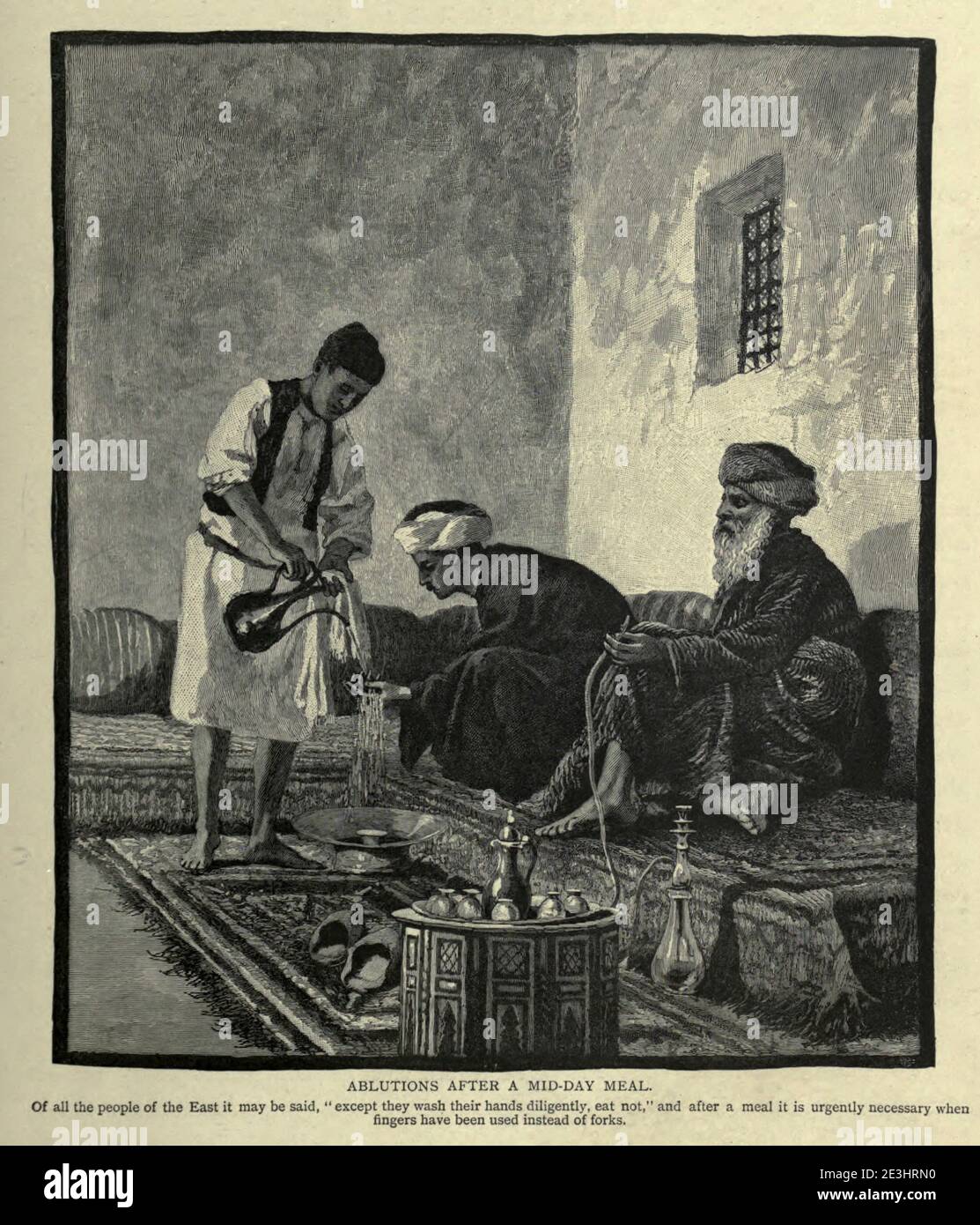 ABLUTIONS AFTER A MID-DAY MEAL. Of all the people of the East it may be said, ' except they wash their hands diligently, eat not,' and after a meal it is urgently necessary when fingers have been used instead of forks. Wood engraving of from 'Picturesque Palestine, Sinai and Egypt' by Wilson, Charles William, Sir, 1836-1905; Lane-Poole, Stanley, 1854-1931 Volume 3. Published in by J. S. Virtue and Co 1883 Stock Photo