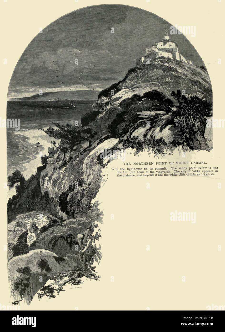 THE NORTHERN POINT OF MOUNT CARMEL. With the lighthouse on its summit. The sandy point below is Ras Kertim (the head of the vineyard). The city of 'Akka appears in the distance, and beyond it are the white cliffs of Ras en Nakurah. Wood engraving of from 'Picturesque Palestine, Sinai and Egypt' by Wilson, Charles William, Sir, 1836-1905; Lane-Poole, Stanley, 1854-1931 Volume 3. Published in by J. S. Virtue and Co 1883 Stock Photo