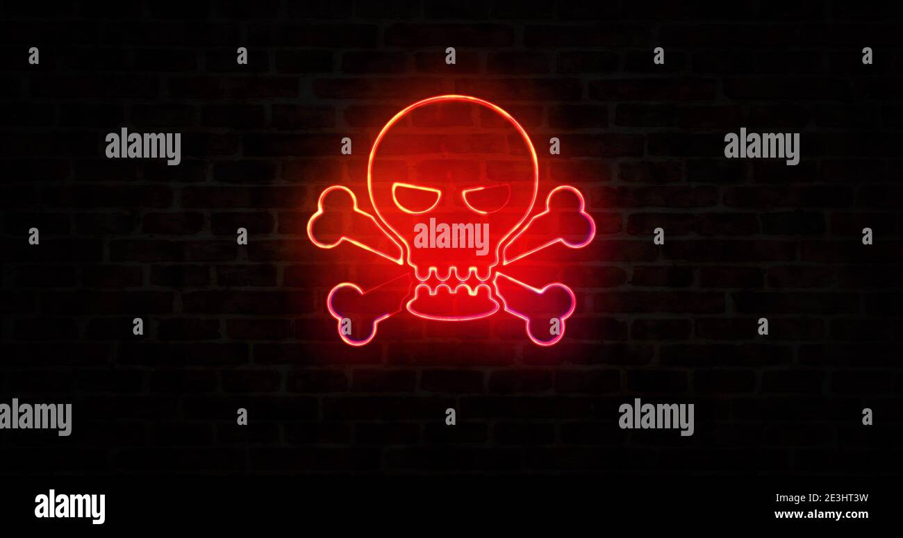 Skull symbol, piracy, hacking computer, cyber crime technology, darknet and danger neon sign on brick wall concept. Abstract 3d rendering illustration Stock Photo