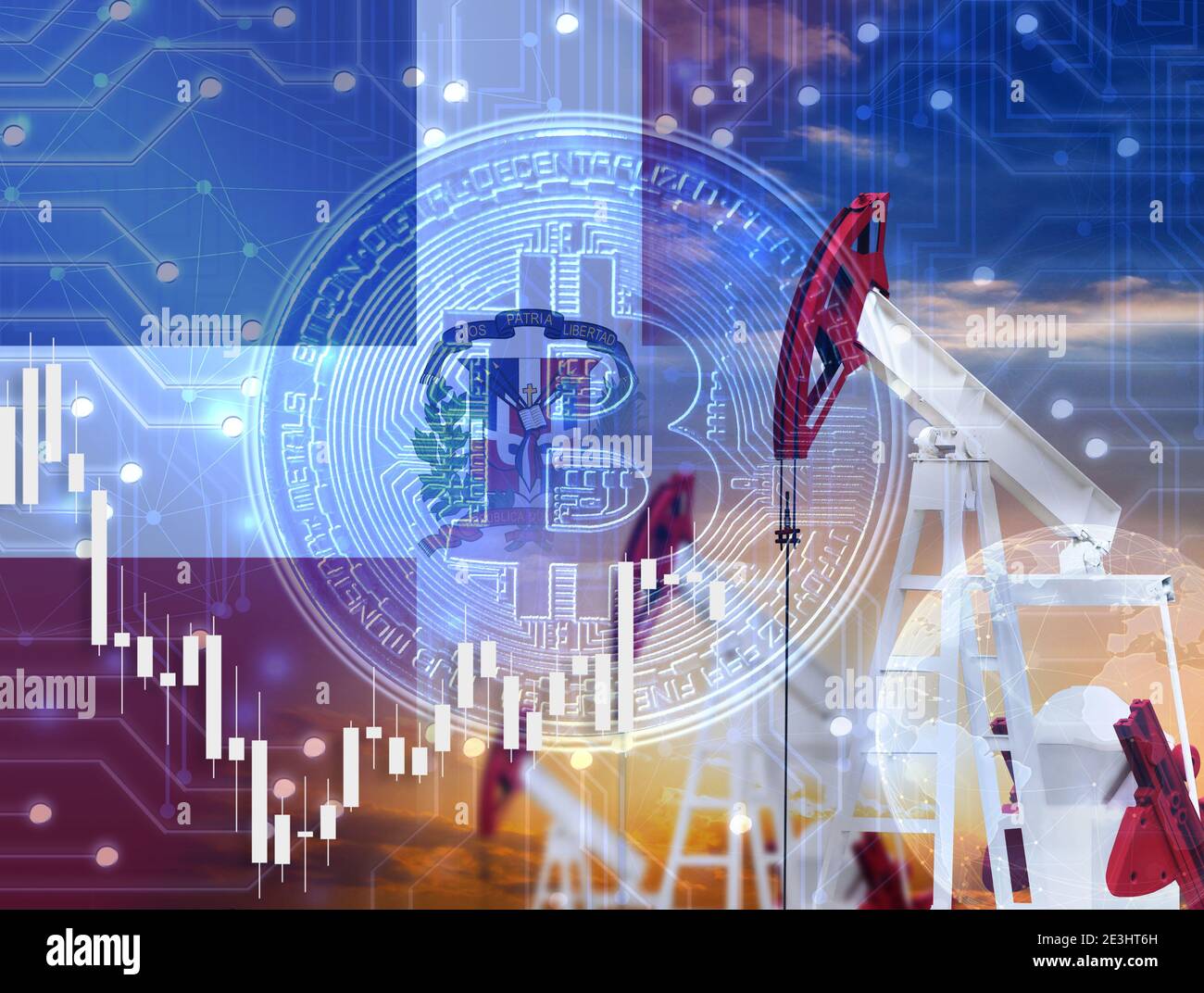 hologram with bitcoin cryptocurrency and graph on the background of the  flag of Dominican Republic Stock Photo - Alamy