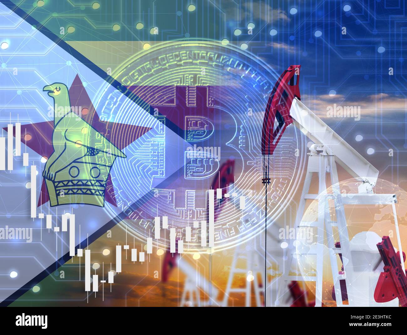 hologram with bitcoin cryptocurrency and graph on the background of the  flag of Zimbabwe Stock Photo - Alamy