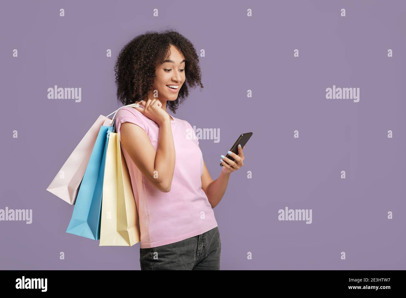 Purchases, buy and online catalog, ad, cashback and banking Stock Photo