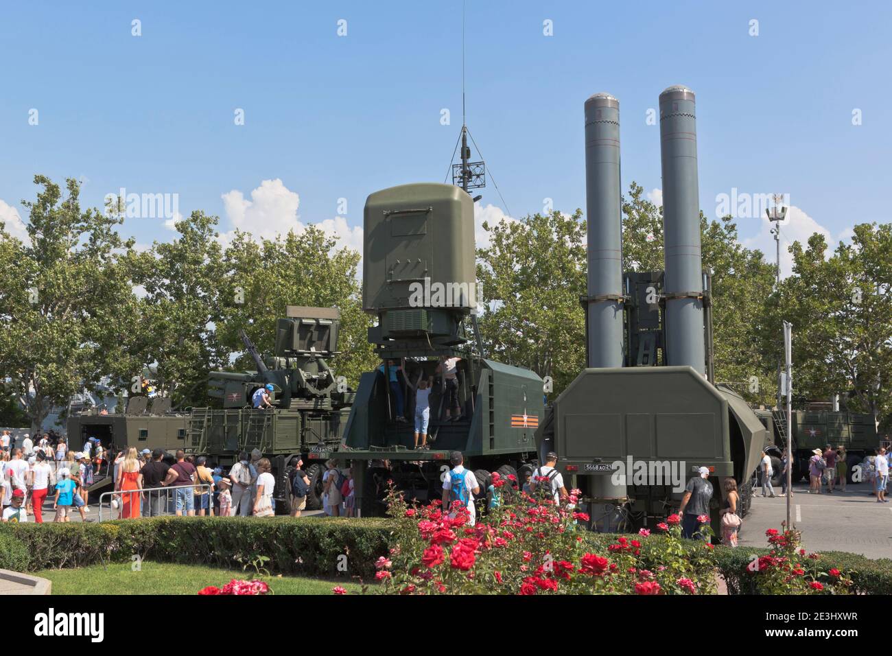 Sevastopol, Crimea, Russia - July 26, 2020: Exhibition of military equipment on Navy Day on Nakhimov Square in the city of Sevastopol, Crimea Stock Photo