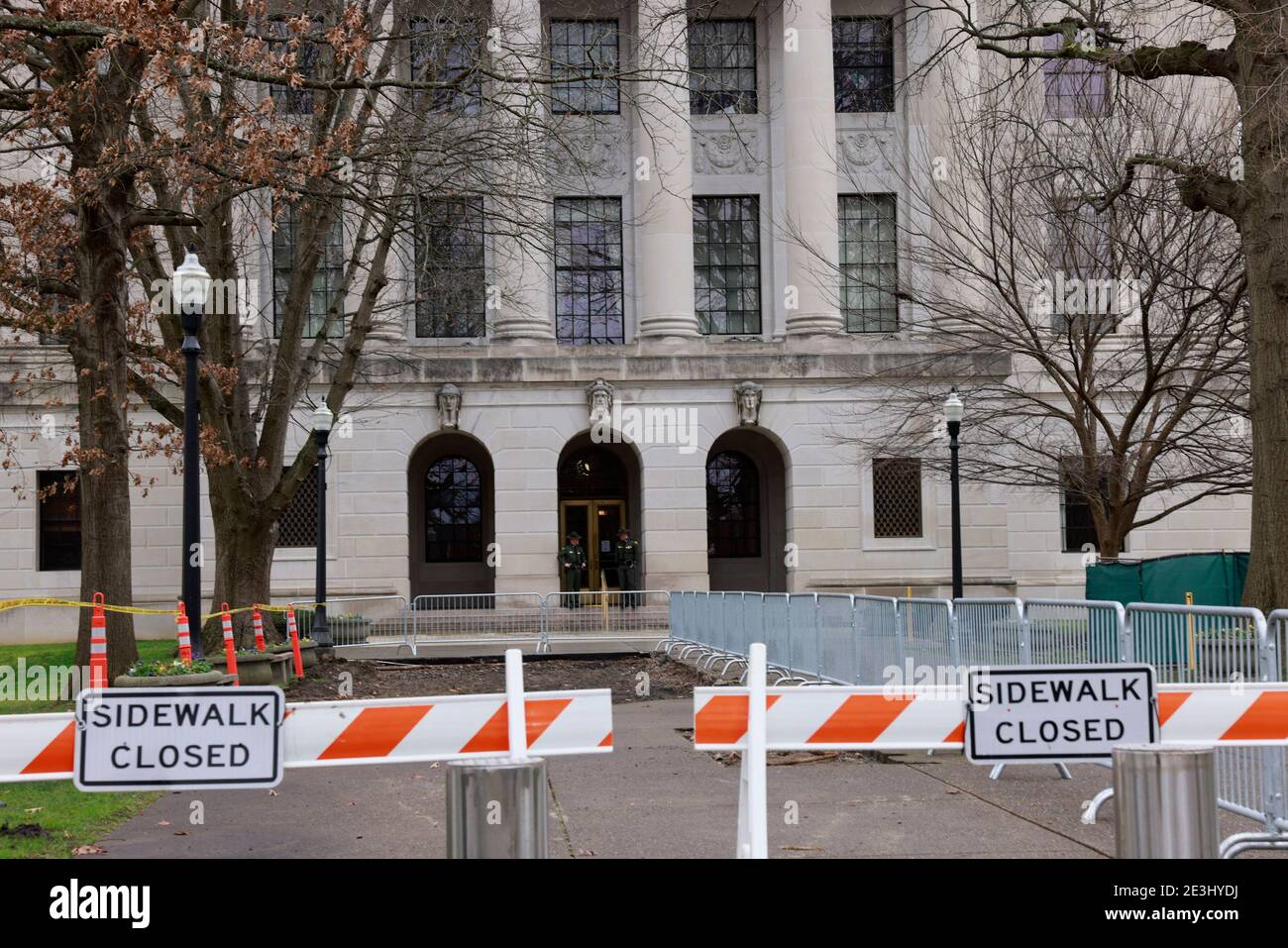 01172021- Charleston, West Virginia, USA: Police secure the West Virginia statehouse, which was mostly deserted Sunday before the inauguration of President Elect Joe Biden. Biden will be inaugurated Wednesday. The FBI warned of possibly violent protests at all 50 state capitols in the United States. Stock Photo