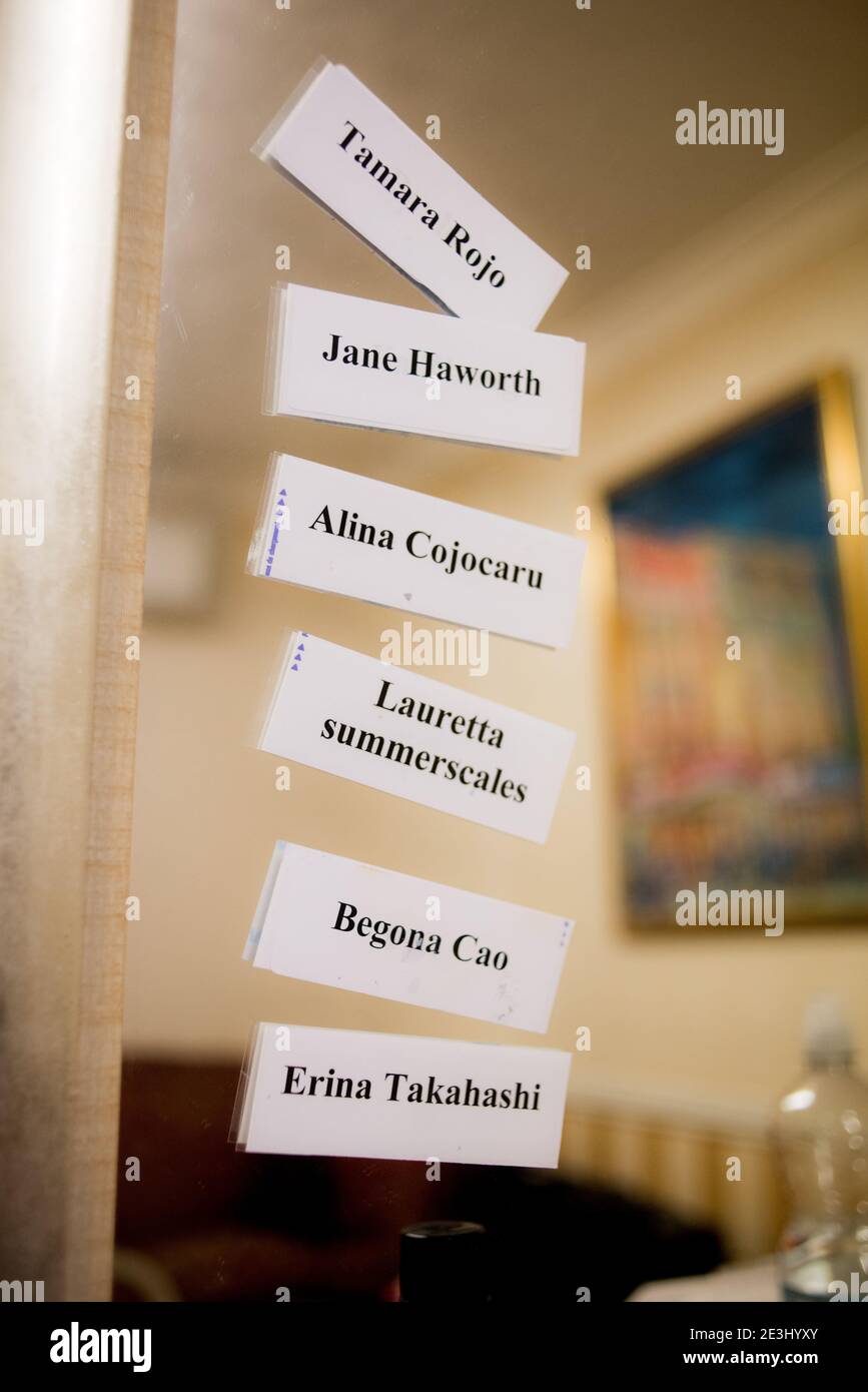 Dressing room mirror with labels showing names of principal ballerinas sharing the same room Stock Photo