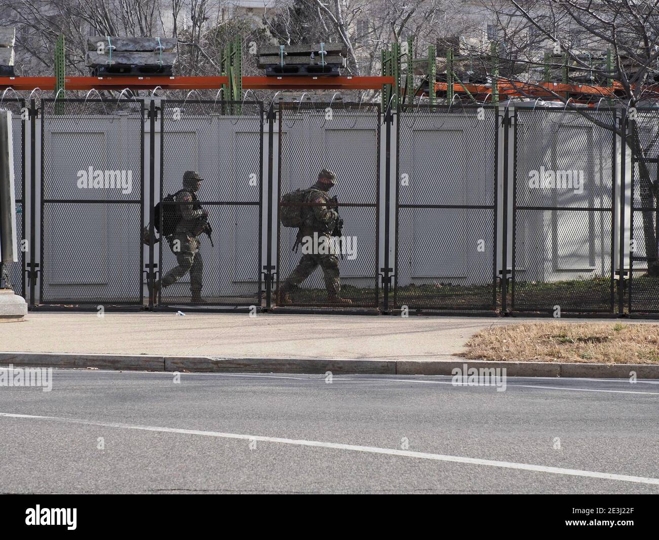 Washington, District of Columbia, USA. 18th Jan, 2021. These National Guard troops patrol the fenced off area around the U.S. Capitol during the lead up to the inauguration. Credit: Sue Dorfman/ZUMA Wire/Alamy Live News Stock Photo