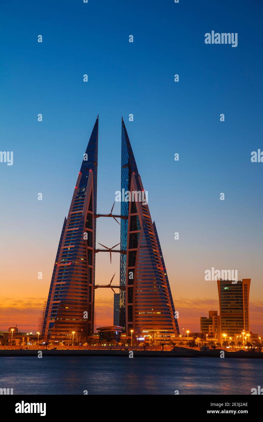 Bahrain, Manama, View of Bahrain Bay, Bahrain World Trade Center and city skyline Stock Photo