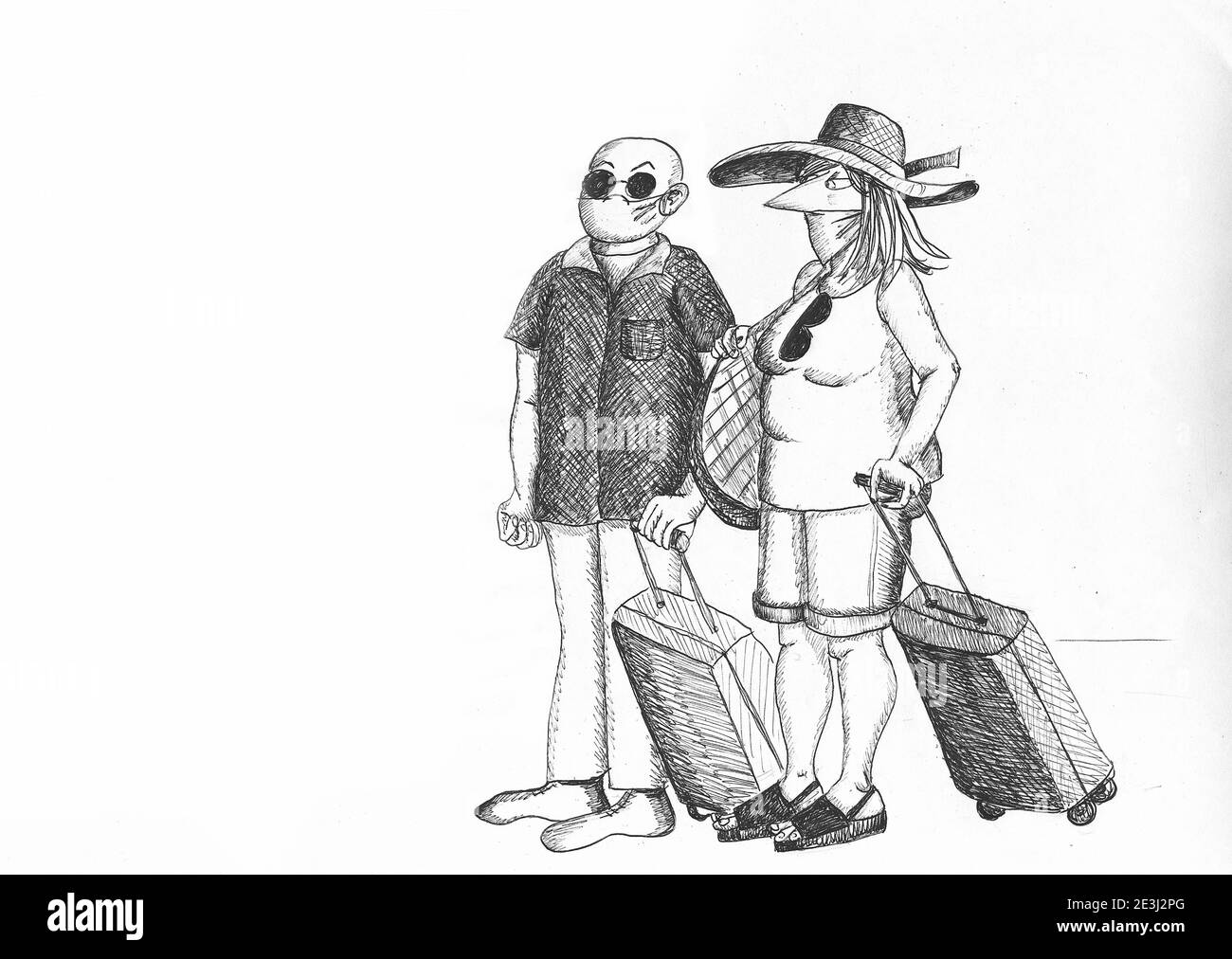Couple of tourists wearing mask. Illustration. Stock Photo