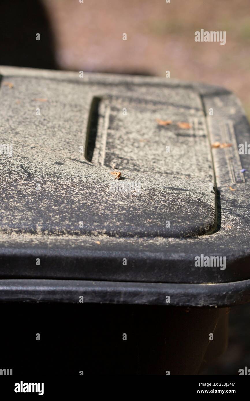 Yellow specs of pollen covering a black garbage can outside Stock Photo