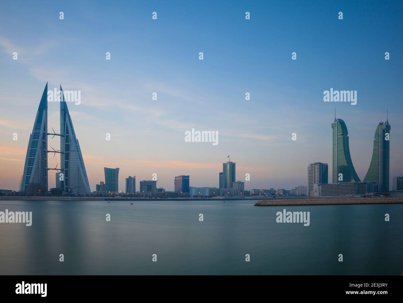 Bahrain, Manama, Bahrain Bay, View of Bahrain World Trade Center and the Financial Harbour building Stock Photo