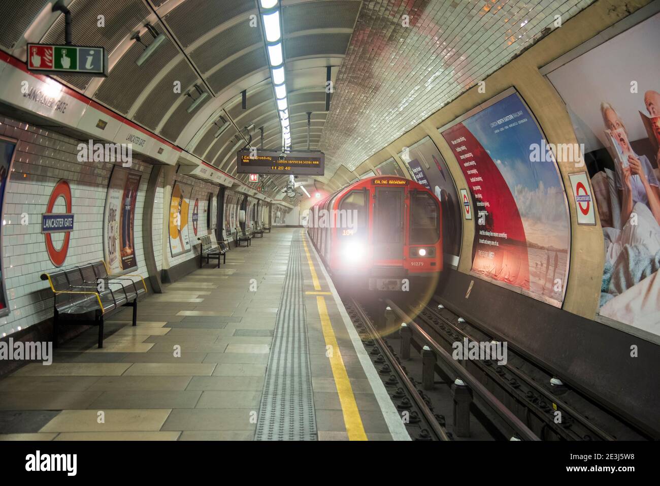 London Underground Train pulling into Lancaster Gate Station, part of the Central Line. London, UK Stock Photo