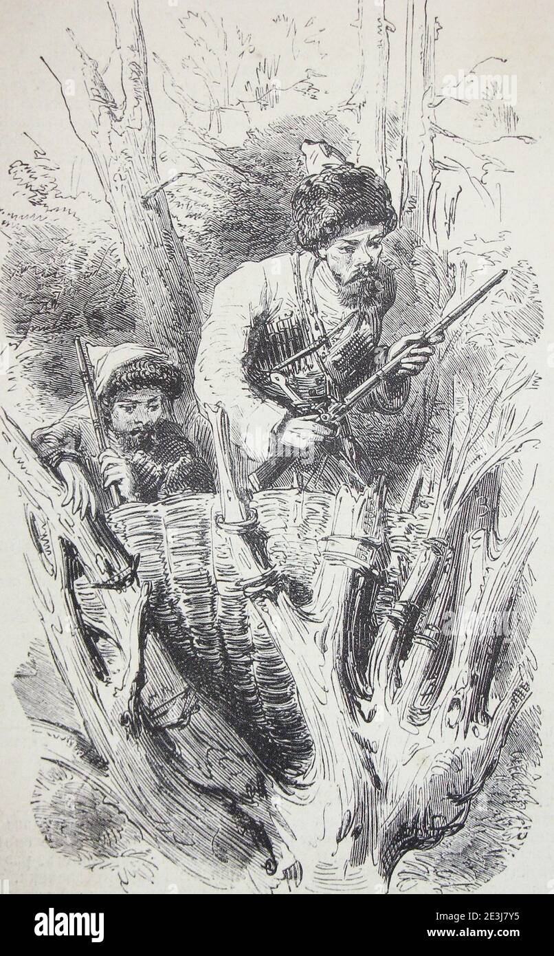 Circassians in ambush in the trees. Engraving of 1860. Stock Photo