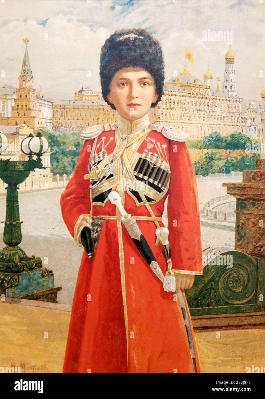 Portrait of the Russian heir to Tsarevich Alexei Nikolaevich in the uniform of an officer of His Imperial Majesty's own escort. Portrait of 1910. Stock Photo