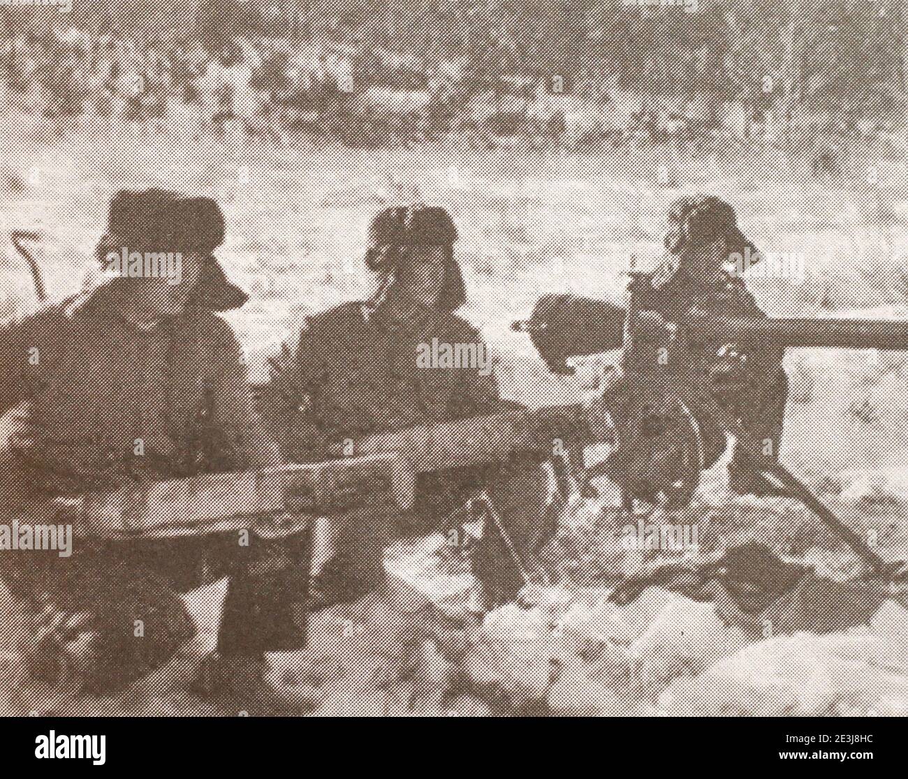 Soldiers of the  People's Liberation Army of China in the area of Damansky Island during the Sino-Soviet border conflict. The Sino-Soviet border conflict was a seven-month undeclared military conflict between the Soviet Union and China in 1969, following the Sino-Soviet split. The most serious of these border clashes, which brought the world's two largest communist states to the brink of war, occurred in March 1969 in the vicinity of Zhenbao (Damansky) Island on the Ussuri (Wusuli) River, near Manchuria. The conflict resulted in a ceasefire, with a return to the status quo. Stock Photo