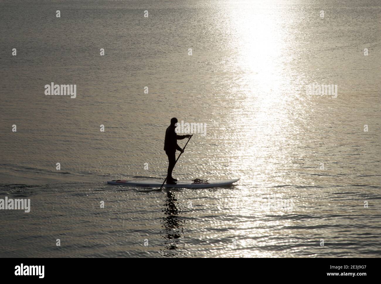 Lone Paddle Boarder enjoying the calm of a winters morning in Torbay. Stock Photo