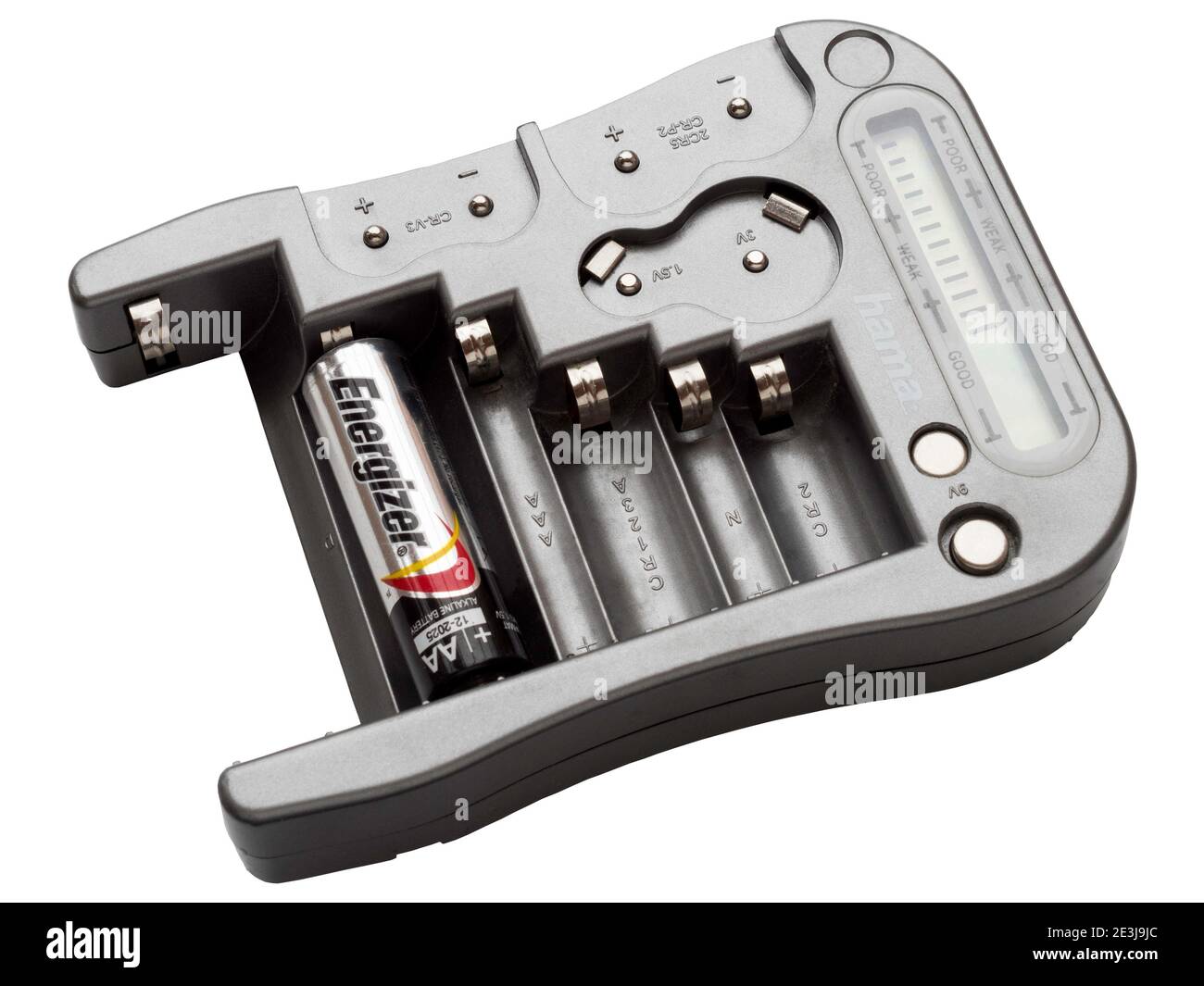 Hama battery tester with an Energizer AA battery under test isolated on a white background Stock Photo