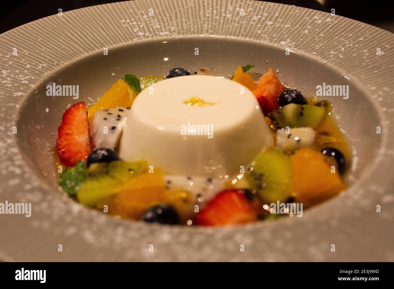 Soya bean curd or Soy Pudding serve with fruit salad and honey lime