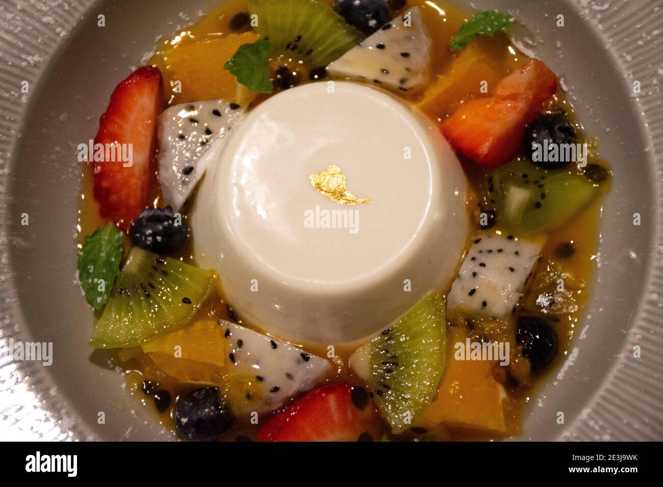 Soya bean curd or Soy Pudding serve with fruit salad and honey lime